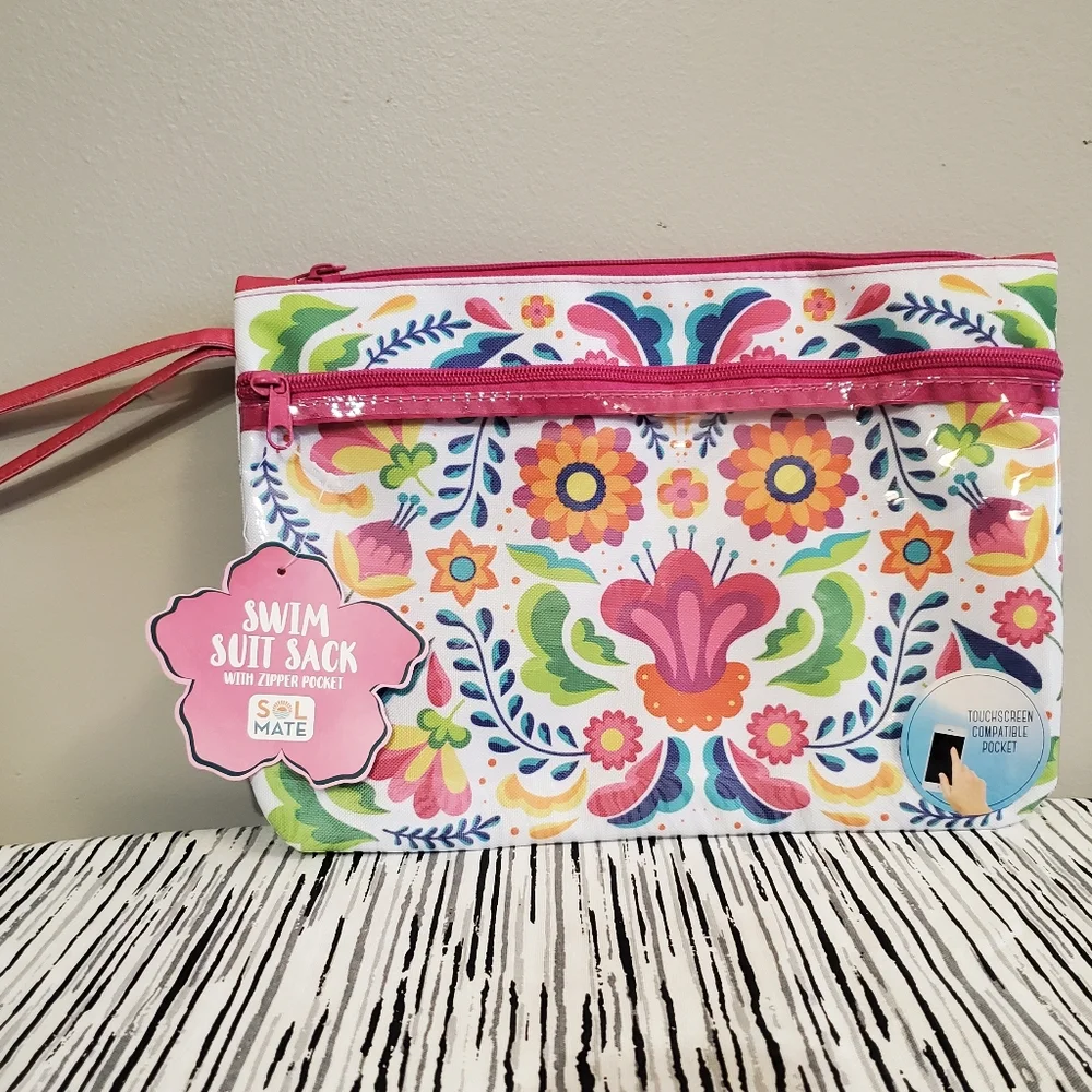 Floral Pink Swim Suit Sack with Touchscreen Compatible Compartiment 9in x 12in - Picture 4 of 4